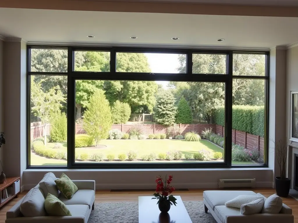 A modern bay window installation project, highlighting the enhanced natural light and view of the garden.