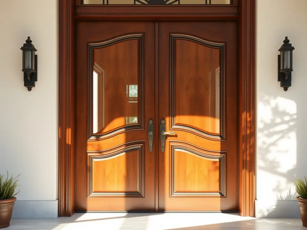 A beautifully installed front door with a classic design, enhancing the curb appeal of a residential home.