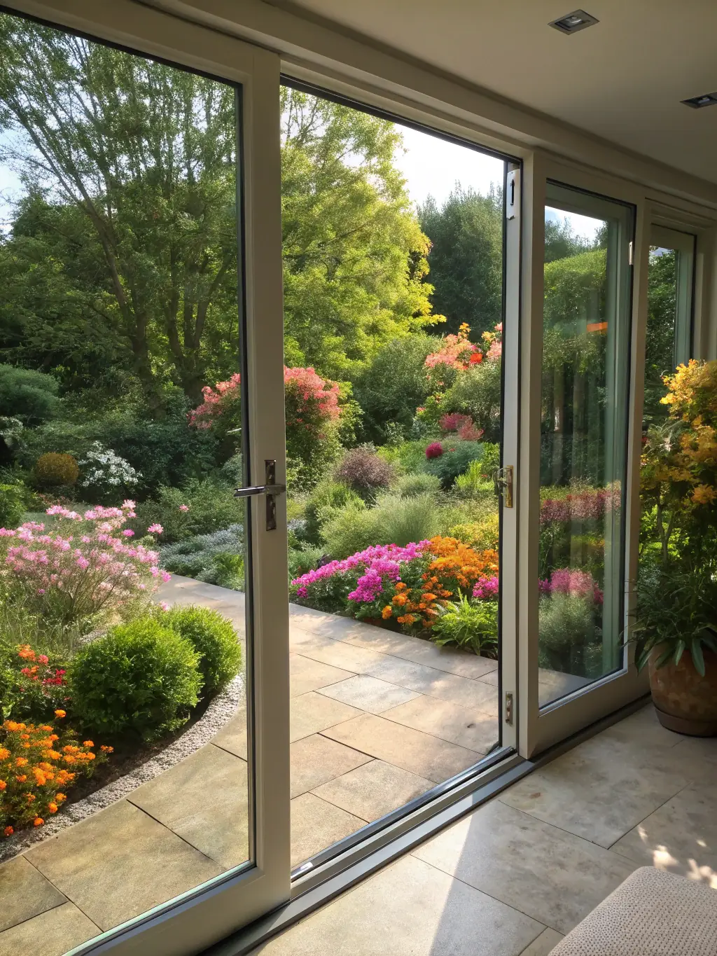 An image showcasing a modern patio door seamlessly connecting an indoor living space with an outdoor patio area, emphasizing the smooth transition and natural light.