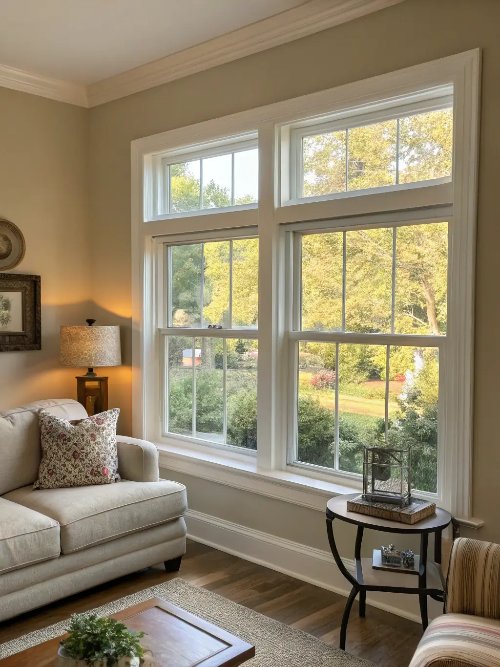A high-quality image of a newly installed residential window, showcasing its clean lines and energy-efficient design, set against a backdrop of a cozy living room.