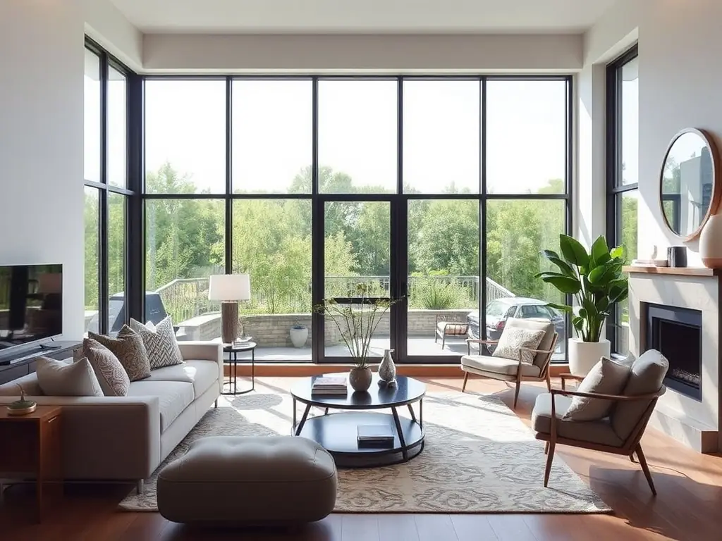 A newly installed energy-efficient window in a modern living room, showcasing natural light and improved insulation.