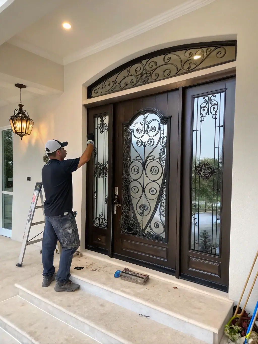 A professionally installed front door, highlighting its security features and aesthetic appeal, with a welcoming porch in the background.